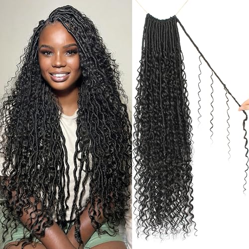 Goddess Locs Crochet Hair 30 Inch Faux Locs Crochet Pre-looped Boho Faux Locs with Curly Ends 8 Packs Long Bohemian River Locs Crochet Hair for Black Women(30Inch, 1B)