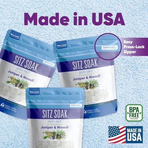 Sitz Bath Salt (3 Pack with Bamboo Scoop) Hemorrhoid Soothing Sitz Soak USP Grade Epsom Salt 3 Pouches 6 Lbs Total with Pure Essential Oils in BPA Free Pouch with Easy Press Seal Made in USA