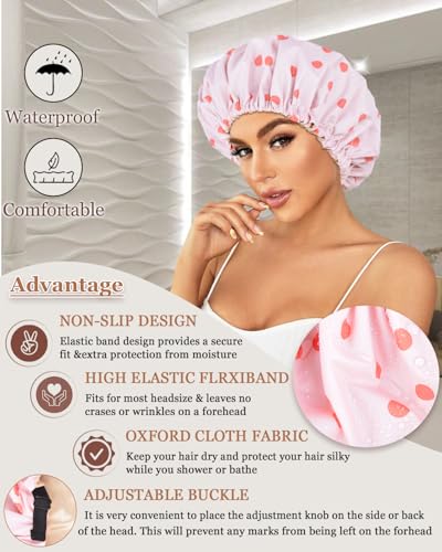 Shower Cap Large Shower Caps for Women Reusable Waterproof with Adjustable Band Double Layer Design Large Luxury Washable Bath Hair Bonnet (Pink Dot)