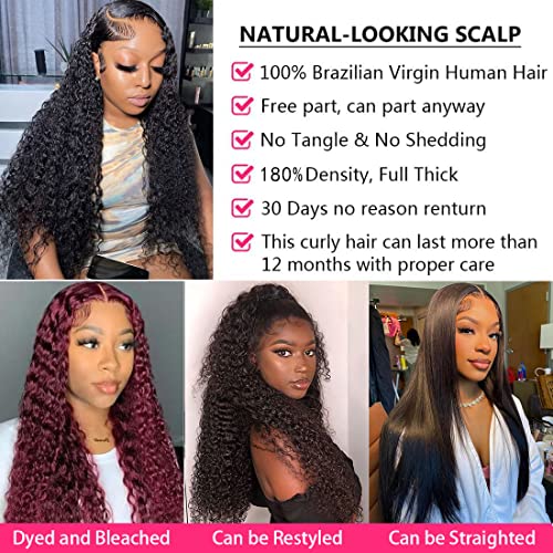 Deep Wave Lace Front Wigs Human Hair 13x4 HD Transparent Lace Frontal Curly Wigs for Women 180% Density Glueless Wigs Human Hair Pre Plucked with Baby Hair Natural Color (26 Inch)