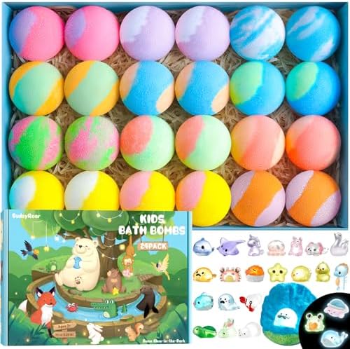 Bath Bombs for Kids with Surprise Inside – 24 Pack Handmade Bath Bombs with Glow-in-The-Dark Land & Sea Toys, Fizzy Bath Salt Balls, Birthday Party Favors for Boys and Girls
