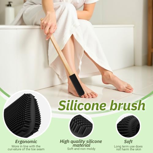 Long Handle Toe Gap Cleaning Brush+Body Shower Brush+Foot Grinder, Silicone Foot Scrubber for Shower, Feet Cleaner Scrub Foot Care for Seniors,Elderly, Men and Women,Black