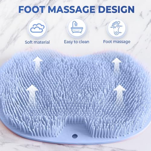 Shower Foot Scrubber Mat with Non-Slip Suction Cups, Foot and Back Cleaning Pad, Silicone Exfoliating Pad, Anti-Slip Bathroom Shower Foot Pad with Suction Cups and Drainage Holes (Blue)