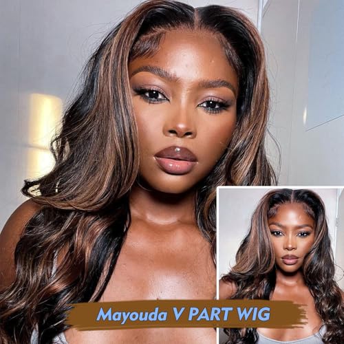 Long V Part Body Wavy Wig With Black With Highlight Brown Upgrade U Part Synthetic Water Wavy Wigs for Black Women Full Head Clip In Hair Glueless Synthetic Wigs (Black Mix Brown)