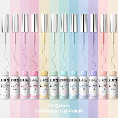 RARJSM Glow in The Dark Nail Art Gel Liner 12 Soft Pastel Colors Neon Green Blue Purple Pink Painting Luminous Polish Set UV LED Curing Requires Thin Brush for Swirl Nails Design