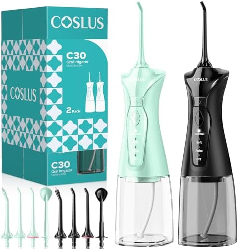 COSLUS 2-Pack Water Flosser for Teeth: Water Dental Pick Set with Refined Packaging for Couples Friends, 3 Modes & 8 DIY Levels for Sensitive Gums & Braces, Ideal for Family Sharing, Black & Green