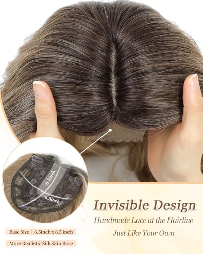 PANEWAY Hair Topper 16Inch Hair Toppers For Women Wavy Curly Brown Blonde with Dark Root Clip In Hair Topper Add Hair Volume Synthetic Wiglets Hair Pieces For Women