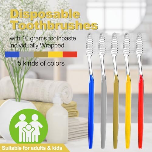 Disposable Toothbrushes with Toothpaste Individually Wrapped 5 Colors Bulk Toothbrush and Toothpaste 10g for Homeless,Shelter,Air Bnb/Hotel/Guest Apartment (100)