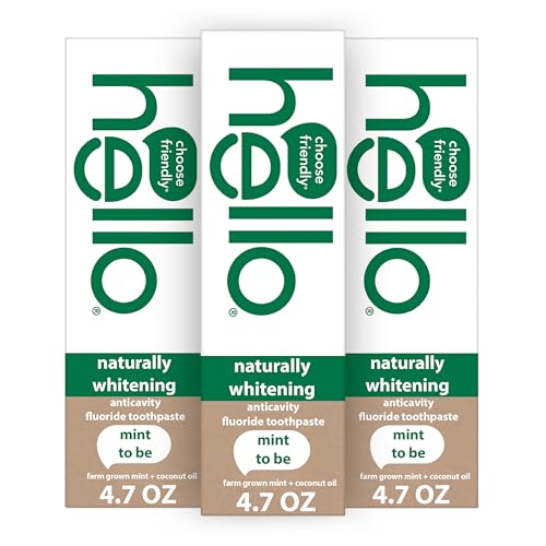 Hello Naturally Whitening Fluoride Toothpaste, Natural Whitening Toothpaste with Coconut Oil and Tea Tree Oil, Tames Bad Breath, Helps Moisturize, and Fights Cavities, Mint, 3 Pack, 4.7 Oz Tubes