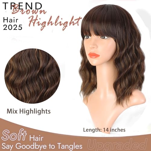 ENTRANCED STYLES Brown Highlight Wig with Bangs for Women Short Wavy Curly Brown Bob Wigs Medium Length 14 inch Synthetic Hair for Daily Party Use