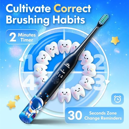 Kids Electric Toothbrush Rechargeable Age 3-5-6-12-18 Year Old, Sonic Toothbrush Kids with Timer 3 Modes 4 Vibrating Heads Habit Stickers Tooth Brush for Girls Boys and Childrens (Astronaut Black)