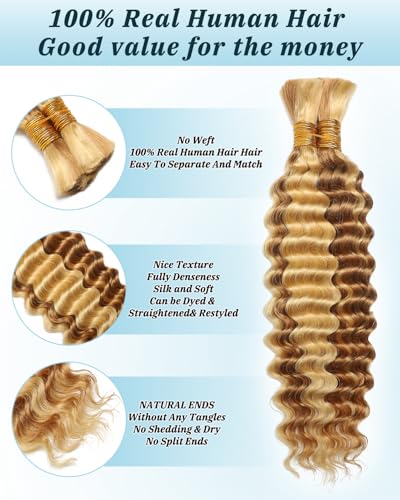 Flagship Human Braiding Hair for Boho Braids 16 Inch 2 Bundles 100g Deep Wave Bulk Human Boho Hair for Braiding 12A Virgin Curly Human Hair for Boho Knotless Braids Human Hair Bundles P27/613