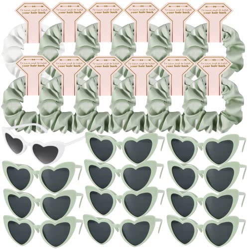 Satin Bridesmaid Scrunchies Bachelorette Hair Ties Set of 12 sunglasses Bridal Shower No Damage Hairties ideas Gift for Wedding Party Favors Bridesmaid Proposal Gifts (White&Sage Green)