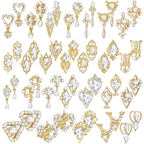 Maitys 52 Pcs Gold Nail Charms Luxury Rhinestones Heart Crystal Gems Alloy 3D Dangle Nail Jewels Metal Pearl Diamond Flowers Studs for Women DIY Craft Jewelry Making