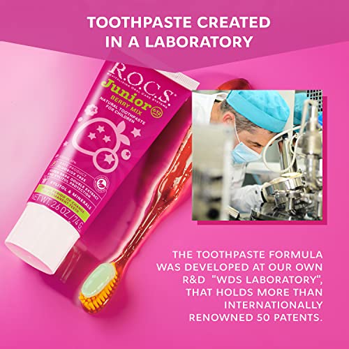 R.O.C.S. Junior Toothpaste - Enamel Whitening Teeth Gum Protection - for Children 6-12 Years Old - Safe to Swallow - Natural, No Fluoride or Sulfate (Berry Mix, Pack of 1)