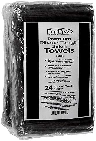 ForPro Professional Collection Premium Bleach Tough Salon Towels, Black, 100% Cotton, Bleach-Proof Towels, Stain Resistant, 16" W x 27" L, 24-Count
