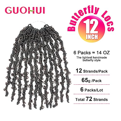 GUOHUI Super Light Butterfly Locs Crochet Hair 12 Inch 6 Packs Pre-Looped Soft Distressed Faux Locs Braids for Women Kids (12 Inch,1B#)