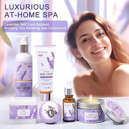 LUCOTIYA Lavender Spa Gift Set for Her,Hand Cream,Lavender Essential Oil,Body Butter ,Lavender Scented Candle,Bath Bombs,Soap