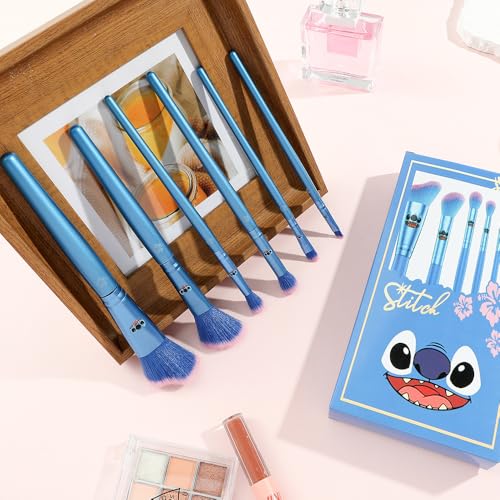 5Pcs Interstellar Baby Makeup Brushes Set, Creative Stitch Theme Cosmetic Brushes Set, Premium Synthetic Foundation Eyeshades Brush Set Best Gift for Young Girl Women (Blue Stitch)