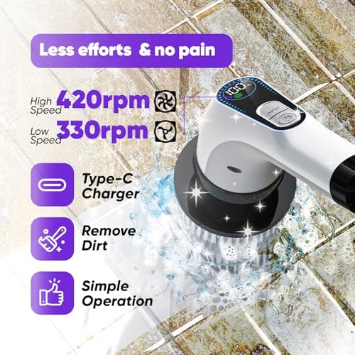 Powerful Electric Spin Scrubber Cordless — 3000mAh Cordless Bathroom Scrubber with 2 Speeds + 7 Brush Heads + 1 Wall Hanger + 3 Crevice Tools — Bathroom Cleaning Brush. Electric Shower Scrubber