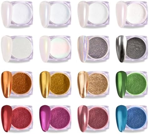 MelodySusie 16Pcs Chrome Nail Powder for Gel Nails,Metallic Mirror Effect Pigment Stylish and Technological Fine Glitter for Home DIY Salon Use