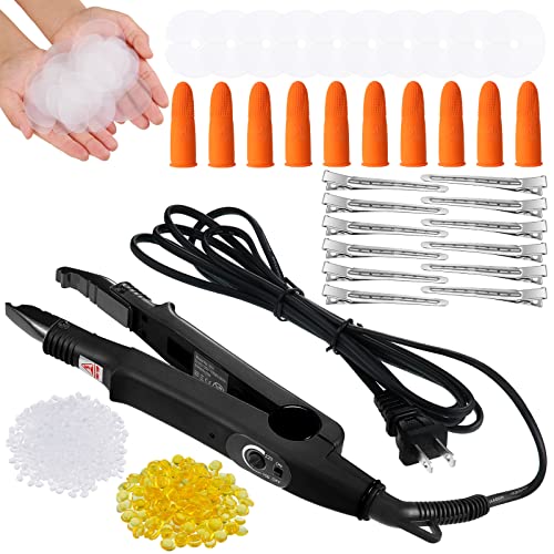 Hair Extensions Iron Fusion Keratin Heat Tool Heat Connector Wand with Fusion Glue Protector Template Hair Clip Finger Protector 2 Bag Keratin Glue Granule Bead(Black)