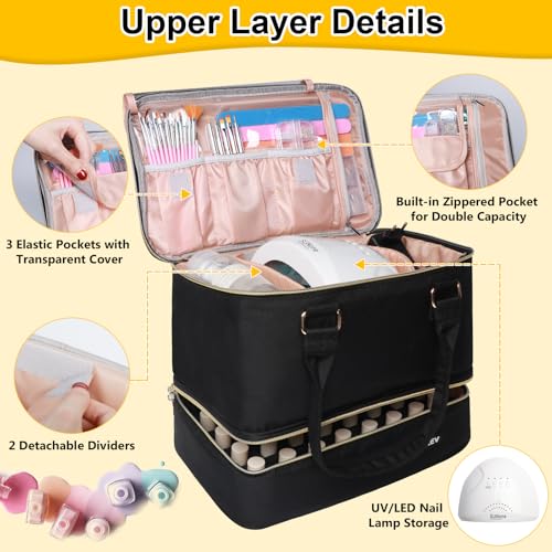 Nail Polish Organizer Hold 50 Bottles (15ml/0.5 fl.oz)& Nail Lamp, Double Layer Nail Bag Organizer Case with Handle, Large Nail Supplies& Kit Storage Case for Women Travel (Black& Golden)