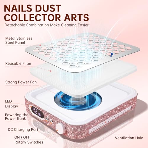 Nail Dust Collector, Rechargeable Dust Collector Nail Tech, Powerful Vacuum Fan Vent Dust Collector Extractor Dust Suction Machine for Acrylic Nails Polishing, Nail Salon&Home, Pink