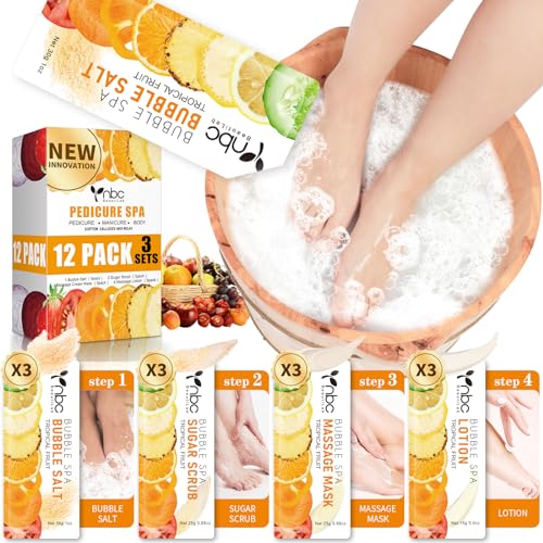 Pedicure Kit Foot Soak Set: Bubble Salt, Sugar Scrub, Massage Mask, Massage Lotion in a Box, 4 Step Foot Spa Kit for Dry Feet,Tired Feet（3 Set Tropical Fruit)