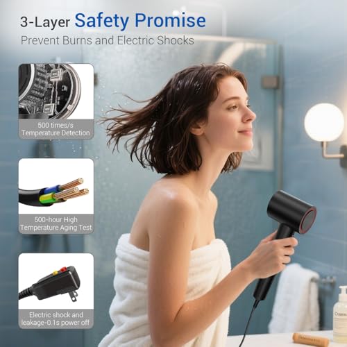 Hair Dryer with Diffuser, Hyspeedh Low Noise Blow Dryer with Fast Drying, 0.86lb Lightweight Travel Hair Dryers for Women, 1.5 Billion Plasma, Smart Thermo Control, Strong Magnetic Diffuser