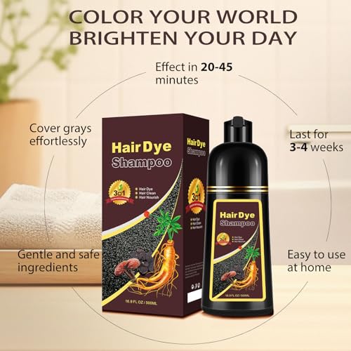 Hair Dye Shampoo 3 in 1, Long-Lasting Gray Coverage, Natural Black Hair Dye Hair Color Shampoo with Herbal Ingredients, Easy Application Shampoo Para Canas for Women Men 16.9 Fl Oz