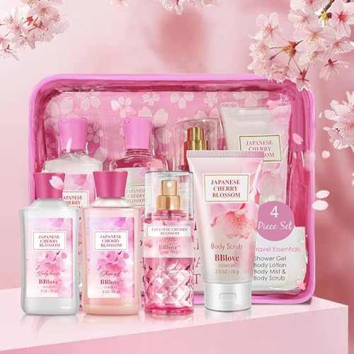 Bath and Body Gift Set for Women & Girls, Japanese Cherry Blossom, 4PCS Set for-Shower Gel, Body Lotion, Body Mist, Exfoliating Scrub, Body Care Travel Set for Birthday Mother's Day Gifts