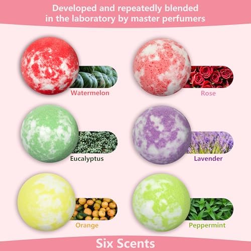 Bath Bombs Set,100g*6pcs with Lavender/Peppermint/Orange/Eucalyptus/Rose/Watermelon,Perfect for Bubble Spa,Handmade Birthday Gifts Sets for Her/Him/Wife/Girlfriend,for Christmas (PINK-6PCS)