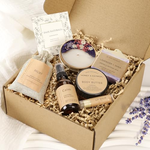 Bath Gift Set, Spa Gifts for Women, Self Care Products for Women, Lavender & Cream Soap Bar, Calm Pillow Mist, Bath Bomb & Shower Steamer, Body Butter and Lip Balm