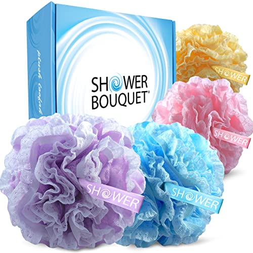 Loofah-Bath-Sponge Lace-Mesh-Set // 2-Scrubs-in-1 by Shower Bouquet/Large Full 60g Pouf (4 Pack Spa Colors) Body Luffa Loofa Loufa Puff - Exfoliate, Cleanse Skin with Luxurious Bathing Accessories