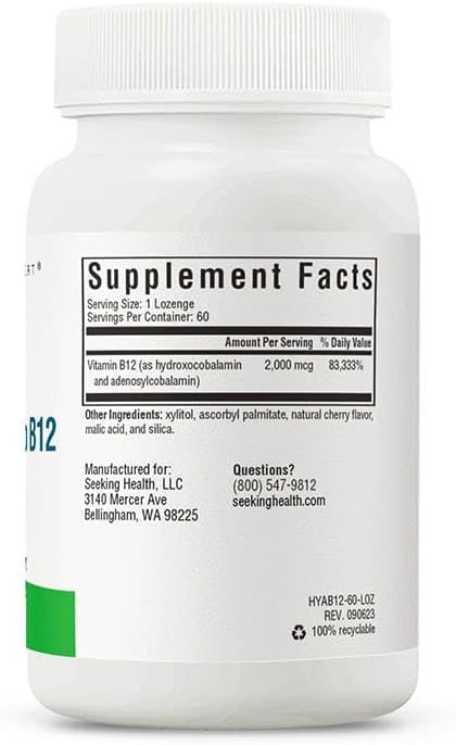 Seeking Health Hydrox-Adeno B12, 2000 mcg Methyl-Free Vitamin B12, Energy and Focus Support for Men and Women, Methylation and Homocysteine Support, Detoxification, Vegan and Vegetarian (60 lozenges)*