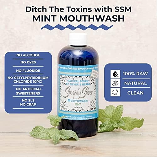 Simply Silver Mouthwash - All Natural Colloidal Silver Mouthwash Alcohol, BPA, Cetylpyridinium Chloride, and Fluoride Free, 16 Fl Oz (Mint)