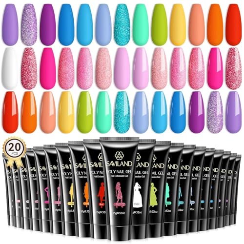 SAVILAND Poly Gel Nail Colors: 20 Colors Nail Extension Gel Kit Bright Rainbow Pink Purple Blue Color Collection Poly Gel Nail Kit for Daily Nail Art DIY Nail Salon Gift for Girls