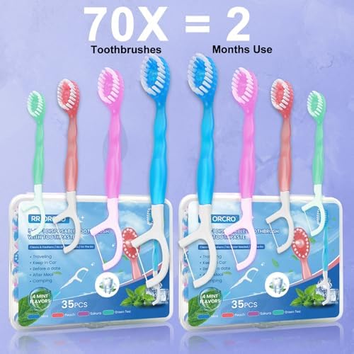 70Pack Mini Disposable Toothbrushes 5-in-1 Portable Pre-Pasted Travel Toothbrush with Toothpaste Tongue Scraper Floss Pick Individually Wrapped Box Small Prepasted Travel Toothbrush for Kids Adults