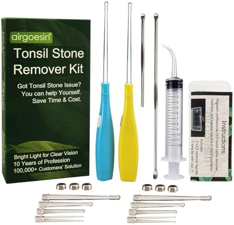 Airgoesin™ Upgraded Tonsil Stone Remover Tool, Blue & Yellow, 5 Tips, Tonsillolith Pick Case + 1 Irrigator Fresh Breath Oral Rinse