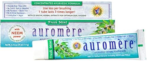 Auromere Ayurvedic Herbal Toothpaste, Fresh Mint - Vegan, Natural, Non GMO, Fluoride Free, Gluten Free, with Neem & Peelu (4.16 oz), 1 Pack