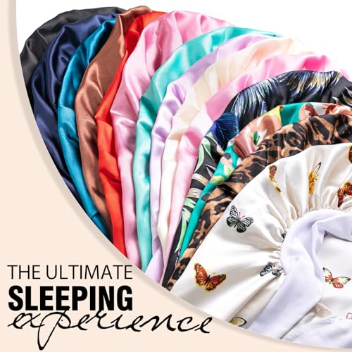 3Pcs Bonnets for Black Women Braid Bonnet, Large Long Satin Bonnet for Braids Sleeping, Black Women Satin Silk Bonnet (3Pcs-Black&Blue&Flower)