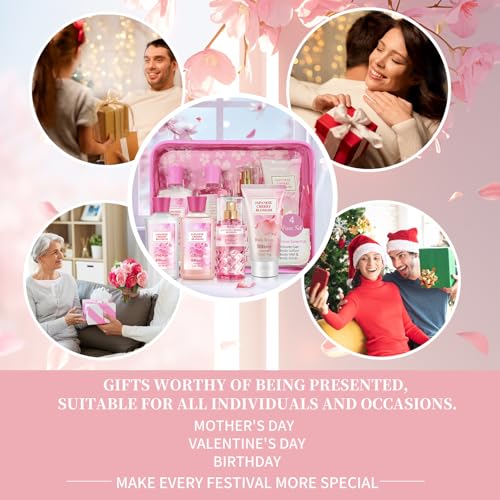Bath and Body Gift Set for Women & Girls, Japanese Cherry Blossom, 4PCS Set for-Shower Gel, Body Lotion, Body Mist, Exfoliating Scrub, Body Care Set