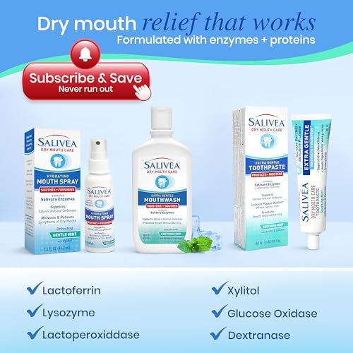 SALIVEA Gentle Toothpaste for Dry Mouth Care, 4.3 oz Tube, 2 Pack, Anticavity with Fluoride, Natural Salivary Enzymes, Vitamin E & Aloe Vera, Cleans, Moisturizes & Refreshes Breath, Soothing Mint