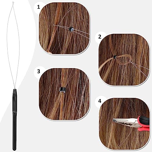 Hair Extension Tools Kit, 600 Silicone Lined Micro Rings, 1 Plier, 2 Hook Needle Pulling Loop, 10 Curved Hair Needle, 4 Metal Hair Clips, 1 Comb, 3 Sewing Threads, 200 Mini Rubber Bands