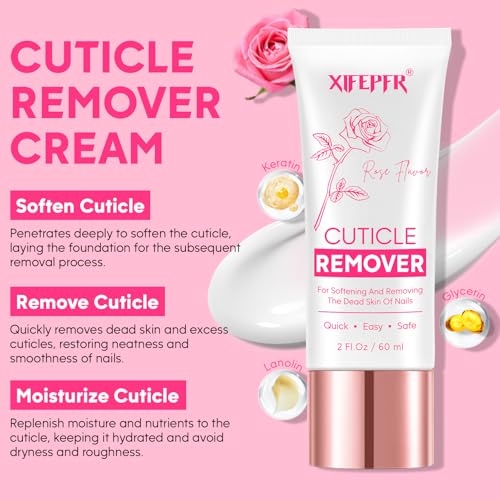 Cuticle Remover Kit - Cuticle Remover Cream & Cuticle Oil, Rose Flavor Cuticle Care Kit with Cuticle Trimmer Cuticle Pusher Cuticle Nipper for Manicure, Removedor de Cuticula for Nail Care