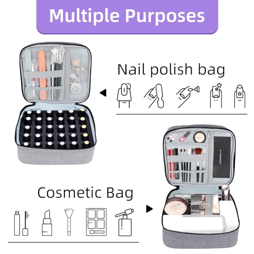 Nail Polish Organizer Holds 30 Bottles (15ml - 0.5 fl.oz) Double-layer Gel Nail Polish Kit Carrying Case, Nail Holder for Nail Lamp, Portable Nail Organizer and Storage for Nail Supplies (Gray)