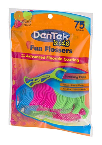 DenTek Kids Fun Flossers, Removes Food & Plaque, Wild Fruit Flavored Floss Picks, 75 Count, 6 Pack
