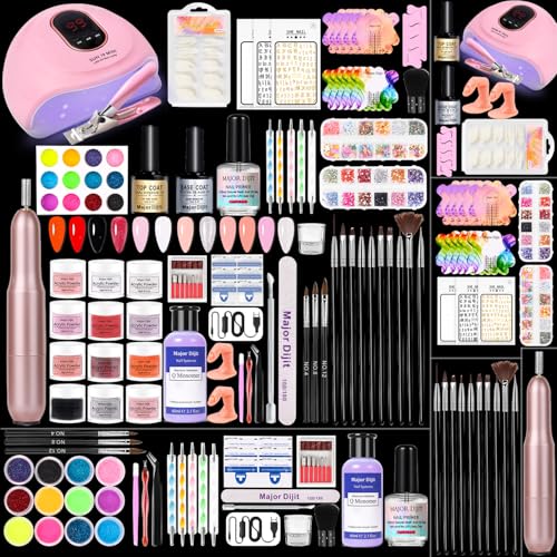 Major Dijit Complete Acrylic Nail Starter Kit with LED Lamp, 12 Colors Powder & Liquid, Base/Top Coat, Primer, Electric Drill – DIY Nail Art Tools for Home & Salon