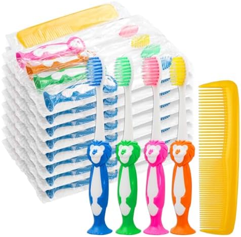 40 Pcs Disposable Toddler Toothbrushes, Suction Cup Bulk Kids Toothbrushes with 5 in Comb, Individually Wrapped Animal Toothbrush for Home, School, Camp, Daycare, Travel